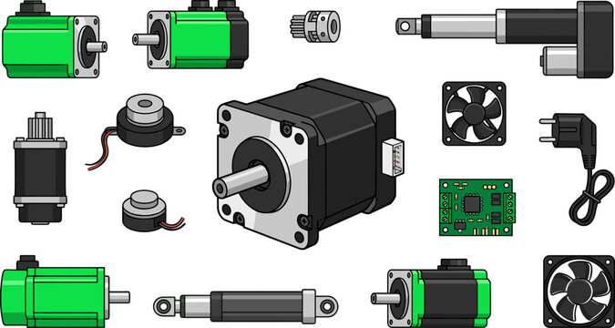 Stepper Motor Vector Icon Set with Servo Motors Linear Actuators Cooling Fans Circuit Board and Power Cable Plugs for Robotics and Automation Graphic Designs