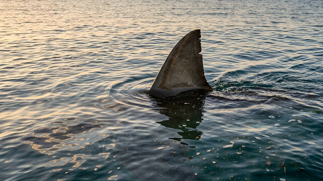 Shark fin emerges at sunset over calm water realistic documentary photography