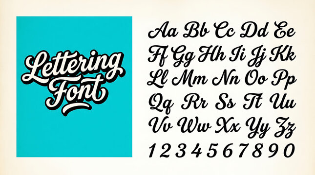 Vintage script font specimen layout featuring uppercase and lowercase letters, numbers, and decorative elements