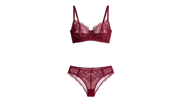 Burgundy lace bra and matching panties set, elegant lingerie isolated on transparent background