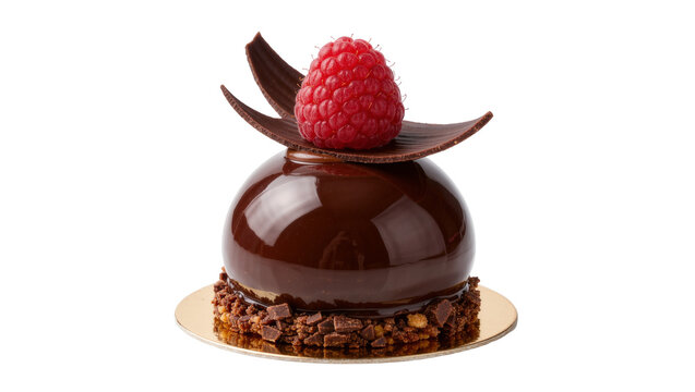 Glistening chocolate mousse dome cake with raspberry and chocolate garnish, isolated on transparent background