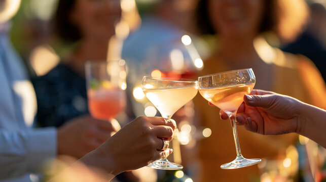 Faceless group of diverse friends clinking colorful summer drinks and wine glasses during a sunlit garden party, defocused social background, celebration toast, with copy space