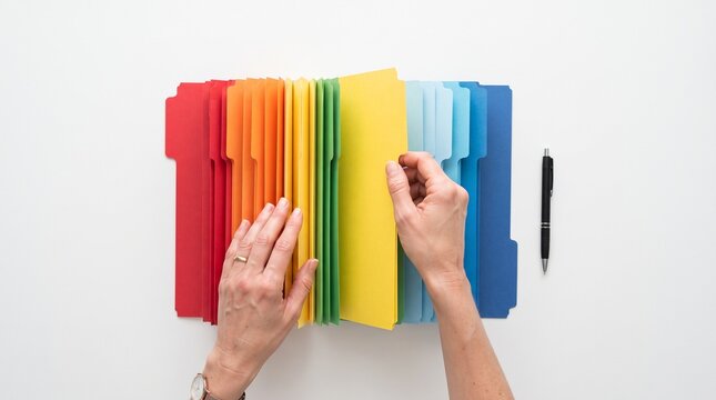 Person hands organizing colorful rainbow file folders on white surface for business office management.