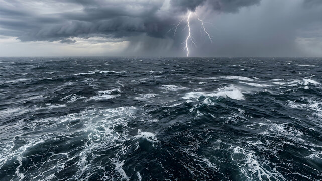 Lightning storm over ocean with dramatic clouds and waves under bright daylight