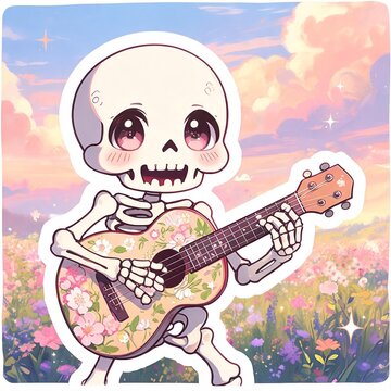 Adorable skeleton playing a floral ukulele