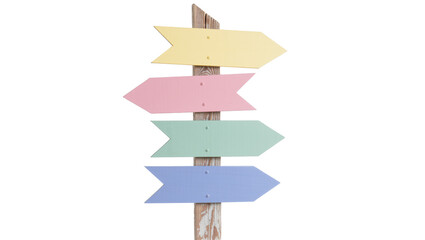 Four pastel colored arrow signs on wooden post, isolated on transparent background © Thomas