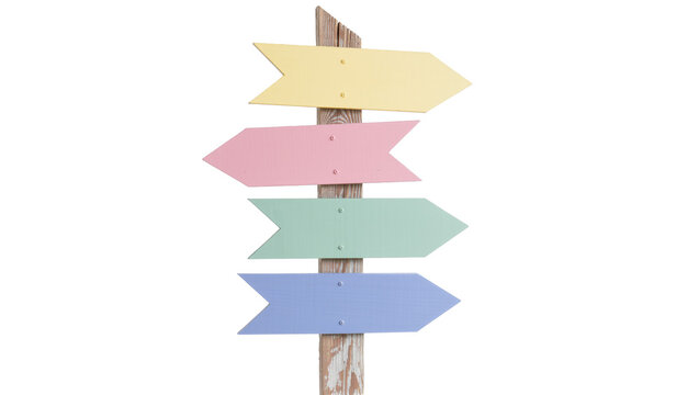 Four pastel colored arrow signs on wooden post, isolated on transparent background