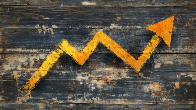 Bold yellow zigzag arrow rises across a distressed dark wooden surface, representing growth, progress, performance, recovery, strategy, and upward trends.