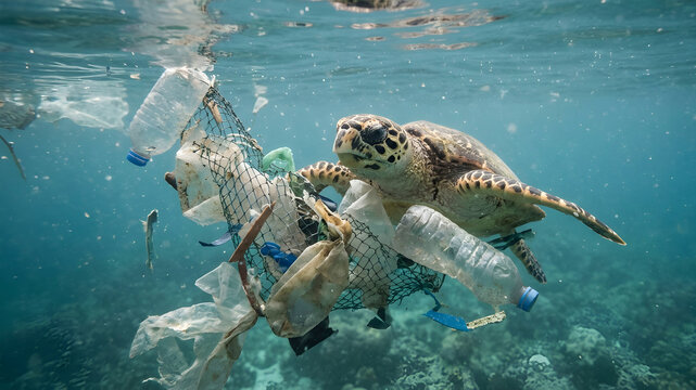 Photo of A sea turtle struggling to swim through plastic waste in the ocean.