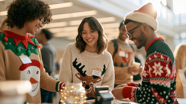 a charity fundraiser table staffed by volunteers wearing outrageous novelty sweaters on national ugly sweater day december, donation jar visible, community event, seasonal