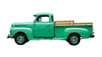 Vintage green pickup truck with wooden bed rails, isolated on transparent background © Thomas