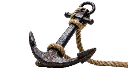 Rusty metal anchor with thick rope, isolated on transparent background © Thomas