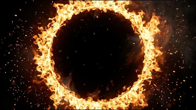 Majestic ring of fire resembling a dark eclipse with absolute black space with bright flame colors, cinematic visual effect for dramatic energy and tr
