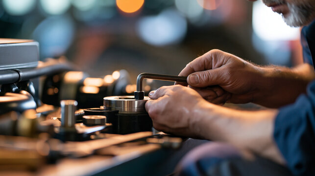 Close-up of a technician's hands using an L-key wrench to repair a heavy equipment hydraulic pump component in a mechanical workshop, industrial maintenance detail, with copy space