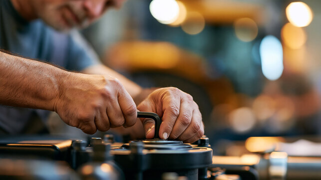 Close-up of a technician's hands using an L-key wrench to repair a heavy equipment hydraulic pump component in a mechanical workshop, industrial maintenance detail, with copy space