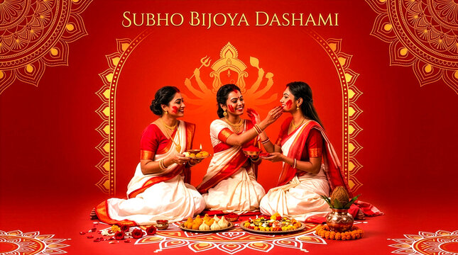 Bengali Women Celebrating Subho Bijoya Dashami with Sindoor Khela and Sweets Stock Photo