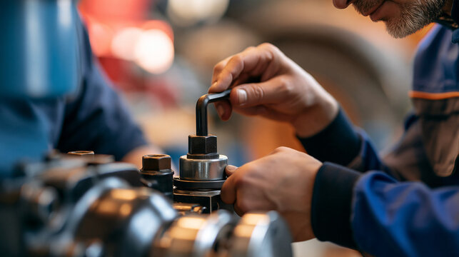 Close-up of a technician's hands using an L-key wrench to repair a heavy equipment hydraulic pump component in a mechanical workshop, industrial maintenance detail, with copy space