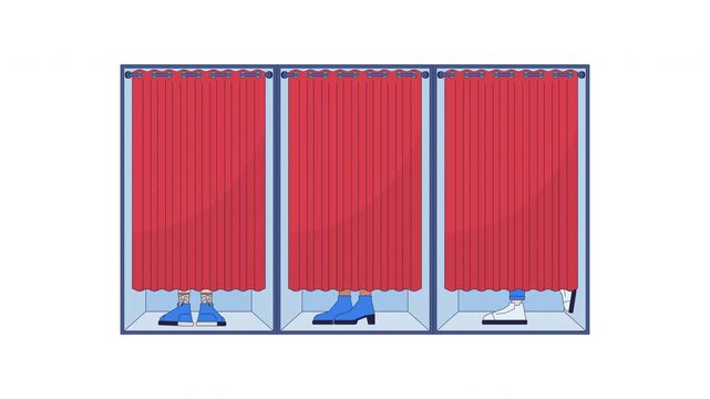 Anonymous voting in private election booths cartoon animation. Democracy station. Voters stand behind closed polling curtains animated flat 2D characters 4K video on transparent background