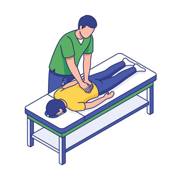 Isometric vector illustration of male physiotherapist performing back massage and spine treatment on patient lying on medical table