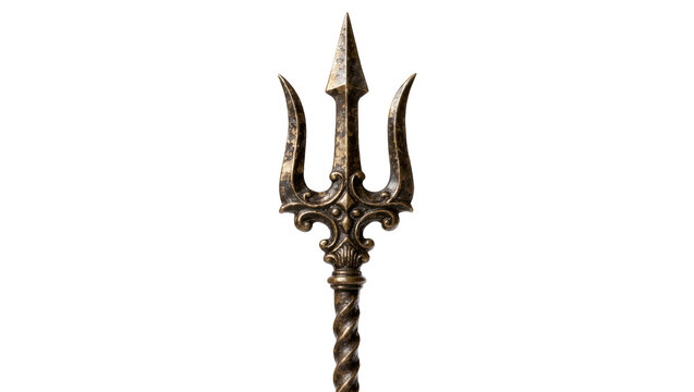 Ornate bronze trident with twisted handle, isolated on transparent background