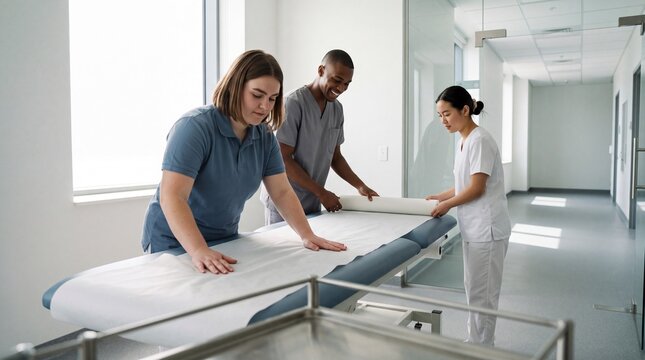 Nursing students unroll paper on examination couch in skills lab