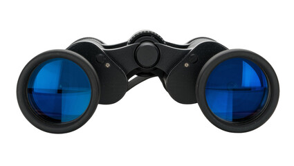 Black compact binoculars with blue lenses, isolated on transparent background