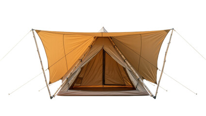 Tan canvas teepee tent with wooden poles and guy lines, isolated on transparent background © Thomas