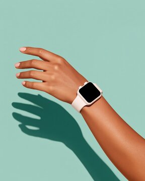 Hand wearing smartwatch with blank screen against mint green background