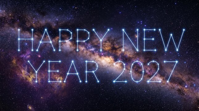 Happy new year 2027 text formed by glowing stars constellations across deep space nebula cosmic background.