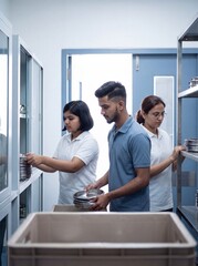 Obraz premium Nursing students stack kidney dishes in hospital supply room