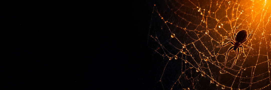 A spider sits on a dew-covered web illuminated by warm golden light against a dark background, nature macro, night atmosphere, arachnid concept, wildlife detail.