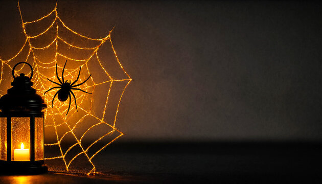 Black lantern with lit candle and black spider on glowing spiderweb against dark background with copy space, spooky Halloween decoration, creepy atmosphere, holiday still life, Halloween.