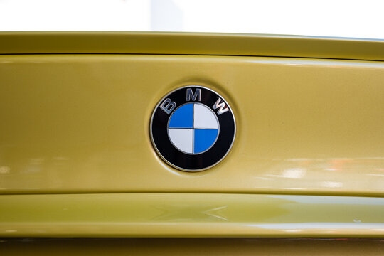 Kemptthal, Lindau, Switzerland, September 13, 2026. Close up view of a BMW E46 M3 trunk emblem and roundel logo.