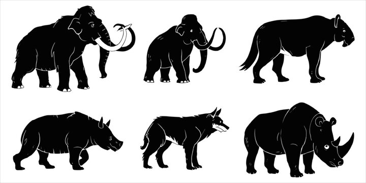 Collection of prehistoric animal silhouettes including mammoth, saber-toothed cat, and... animals de