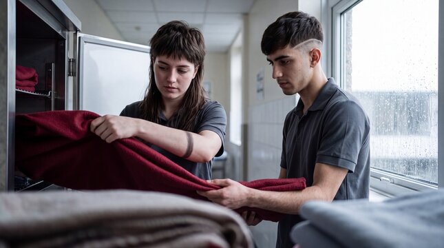 Young nurses pull a warmed blanket from a hospital ward cabinet