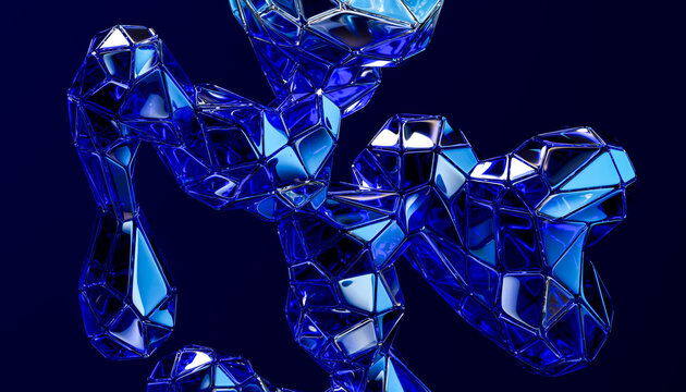 3D floating cobalt crystal structure with connected polygon modules on navy background
