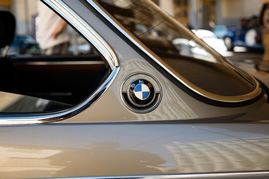 Kemptthal, Lindau, Switzerland, September 13, 2026. Close up view of a classic BMW E9 coupe C-pillar roundel logo.