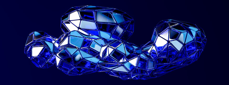 3D panoramic blue glass terrain with reflective geometric forms and copy space