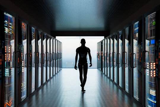 3D humanoid machine walking through secure server aisle in automated data center