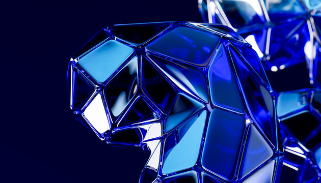 3D cobalt glass polyhedron closeup with reflective geometric facets on navy background