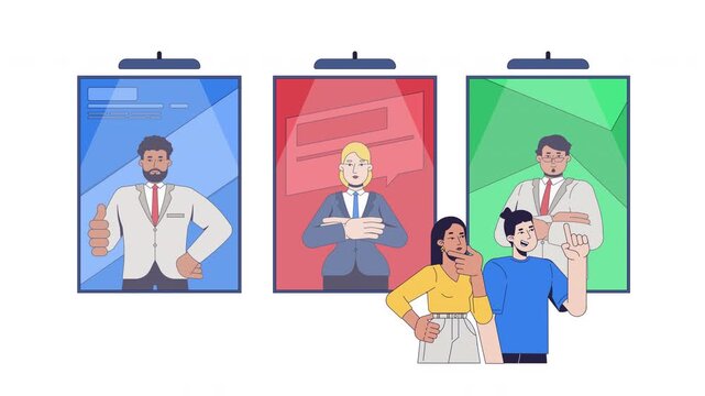 Voters considering political candidates before election 2D animation. Citizens choosing between competing alternatives animated characters cartoon flat concept 4K video on transparent background