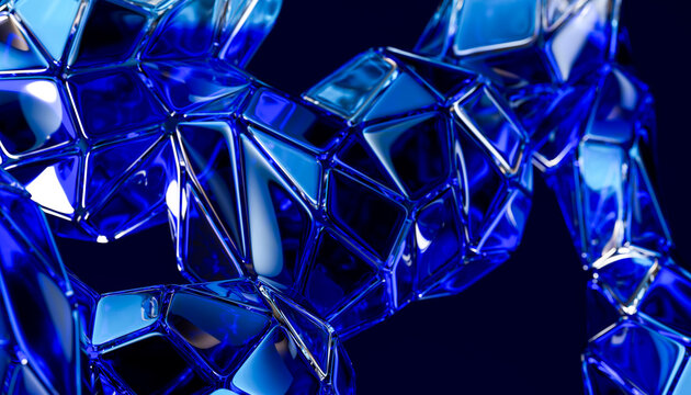 3D interconnected blue crystal network with glossy modular geometry on dark background