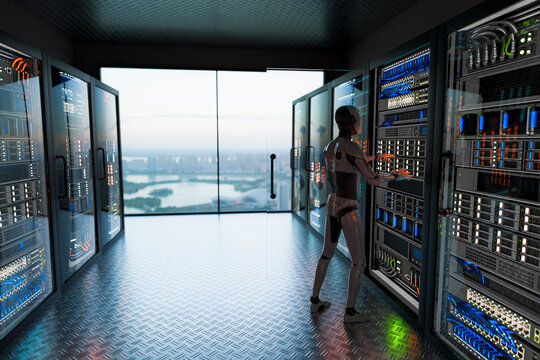 3D robotic technician managing network hardware in panoramic server room