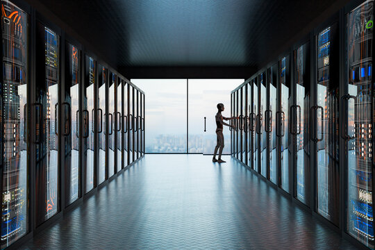 3D autonomous robot in symmetrical server corridor with reflective data center architecture