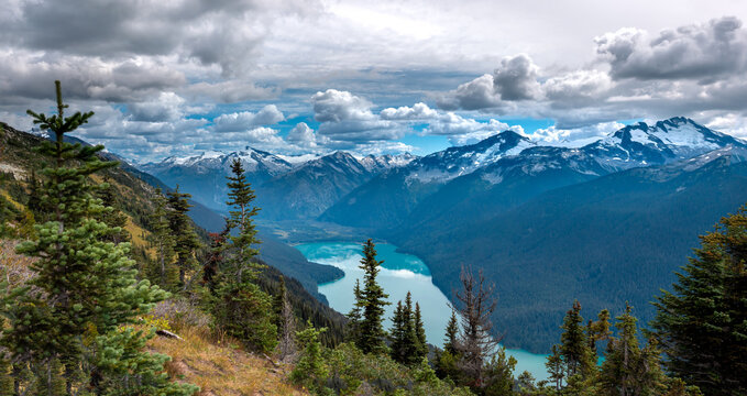 Panoramic view of Cheakamus Lake, Whistler, British Columbia, Canada