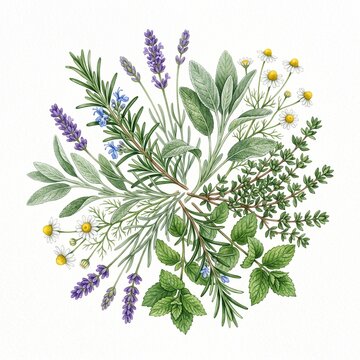 A circular arrangement of fresh aromatic culinary herbs and flowers, including lavender, rosemary, sage, thyme, mint, and chamomile, illustrated in a delicate watercolor style on a white background.