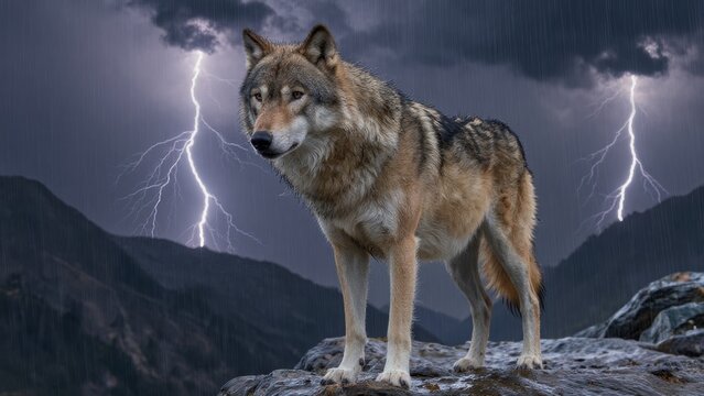 Majestic Wolf Stands Strong Against Stormy Sky and Lightning