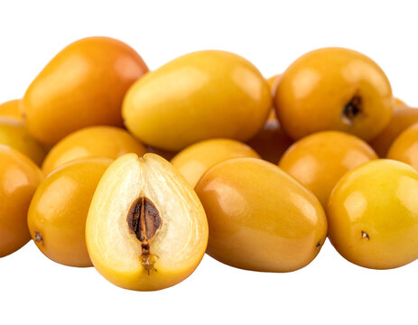 Fresh yellow date fruit whole and sliced with seed, PNG file with transparent background