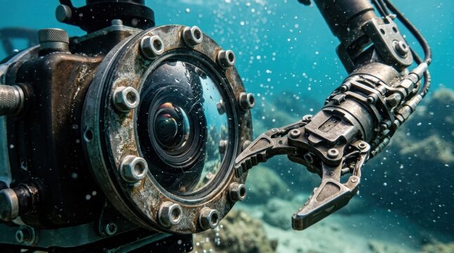 Underwater robot camera housing with articulated gripper and pressure sealed bolts surrounded by bubbles and turquoise light