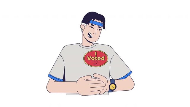 Voter proudly attaching I Voted sticker on his t-shirt cartoon animation. Election participation. Civic duty. Democratic engagement animated flat 2D character 4K video on transparent background